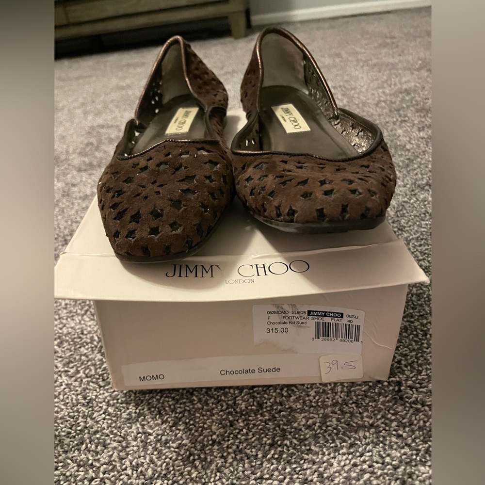 Jimmy Choo Momo Chocolate Suede Perforated Flats sz 39.5
